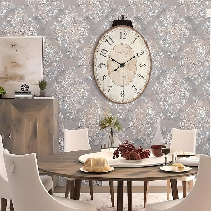MODE HOME Large French Country Oval Wall Clock for Living Room Decor, 18 x 29 Inch Rustic Farmhouse Wall Clock Decorative, Solid Wood Frame with Iron Hanging Ring, Silent Non-Ticking Battery Operated