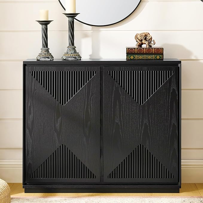 LKTART Mid Century Modern Sideboard Buffet Storage Cabinet with Doors and Shelves,Wood Coffee Bar Storage Cabinets for Kitchen, Dining Room, Living Room-Black