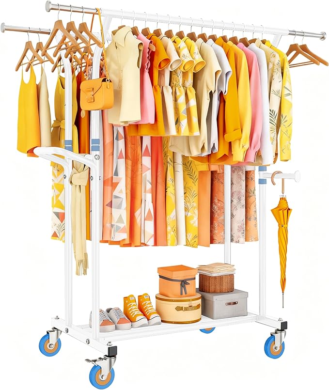 Heavy Duty Clothes Rack for Hanging Clothing: 800LBS Rolling Coat Racks Poartable Garment with Wheels Shelves Freestanding Sturdy Metal Adjustable Extendable Bedroom Laundry Living Room
