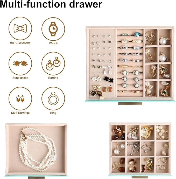 Frebeauty Clear Lid Jewelry Box,3-Layer Jewelry Organizer with Drawer,PU Leather Jewelry Organizers and Storage,Jewelry Boxes for Women,Jewelry Storage for Rings Earring Stud,Gift for Women(Turquoise)