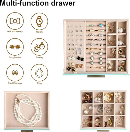 Frebeauty Clear Lid Jewelry Box,3-Layer Jewelry Organizer with Drawer,PU Leather Jewelry Organizers and Storage,Jewelry Boxes for Women,Jewelry Storage for Rings Earring Stud,Gift for Women(Turquoise)