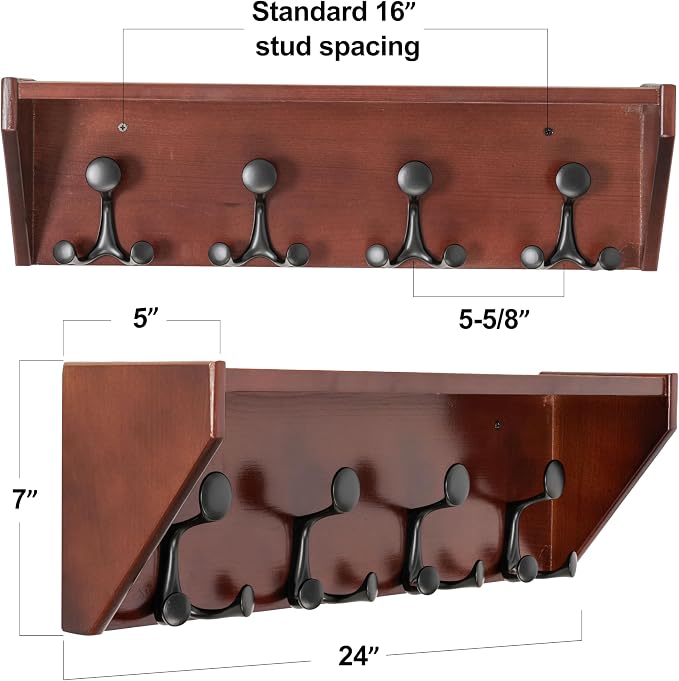 SKOLOO Wall Shelf with Hooks, 24-Inch Cherry Coat Rack Wall Mount with Shelf Organizer - Heavy Duty, 4 Tri Hooks - Perfect for Entryway, Hallway, Living Room, Bedroom, Mudroom