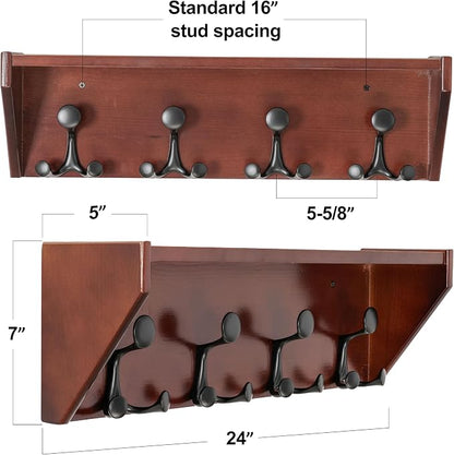 SKOLOO Wall Shelf with Hooks, 24-Inch Cherry Coat Rack Wall Mount with Shelf Organizer - Heavy Duty, 4 Tri Hooks - Perfect for Entryway, Hallway, Living Room, Bedroom, Mudroom