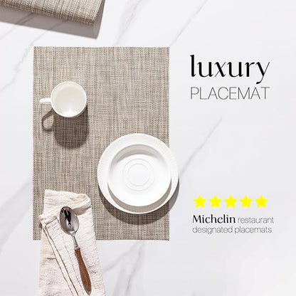 LEXMORE Placemats Set of 8 Vinyl/Plastic Woven Place Mats for Kitchen Table Indoor/Outdoor Washable Placemat Wipeable Dining Table Mats(Caramel)