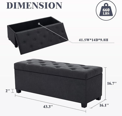 Mangodan 43 Inch Linen Storage Ottoman Bench, Foot Rest with Legs, End of Bed Bench, Storage Chest, Load up to 660 Lb, Ottoman with Storage Bench for Living Room, Bedroom, Entryway (Charcoal)