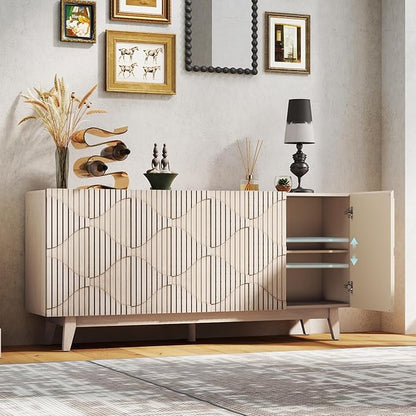 Buffet Cabinet with Storage, Distressed Storage Cabinet with 4 Carved Doors and Adjustable Shelf, Wooden Accent Sideboard Buffet Cabinets for Kitchen, Living Room, Entryway, Natural