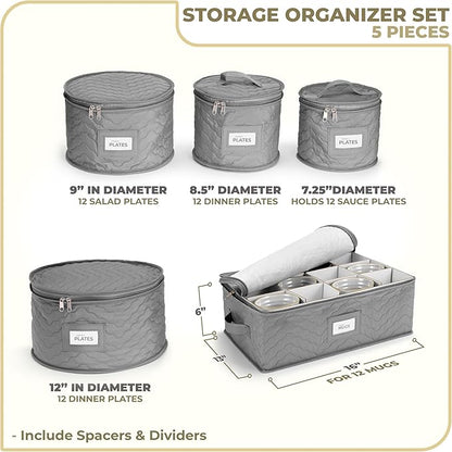 Sorbus China Storage Containers - 5 Pc Quilted Set for Moving & Transporting Dinnerware, Dishes, Round Plates, Glassware, Cups & Mugs with Felt Plate Protectors - Fine China Glass, Plate Storage Cases