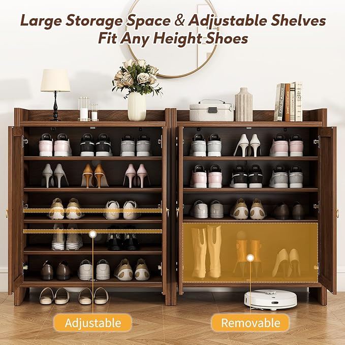 Shoe Cabinet Storage for Entryway - Rattan Entry Way Shoe Storage Cabinet with Adjustable Shelves, Wood Shoe Organizer Cabinet, Accent Cabinet with Doors for Entrance Hallway Living Room Foyer