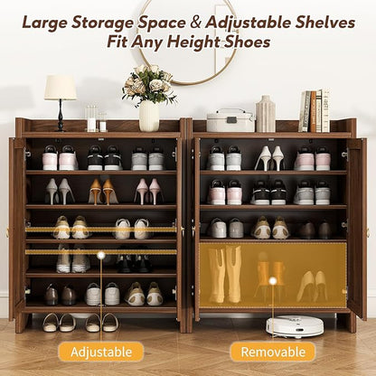 Shoe Cabinet Storage for Entryway - Rattan Entry Way Shoe Storage Cabinet with Adjustable Shelves, Wood Shoe Organizer Cabinet, Accent Cabinet with Doors for Entrance Hallway Living Room Foyer