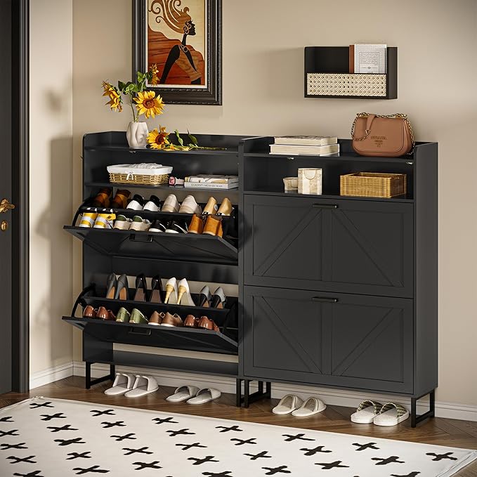 Shoe Cabinet with 2 Flip Drawers, 45" Freestanding Narrow Wood Shoe Storage Cabinet with Metal Legs and Hooks, Slim Shoe Rack Organizer for Entryway, Hallway, Black
