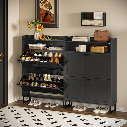 Shoe Cabinet with 2 Flip Drawers, 45" Freestanding Narrow Wood Shoe Storage Cabinet with Metal Legs and Hooks, Slim Shoe Rack Organizer for Entryway, Hallway, Black