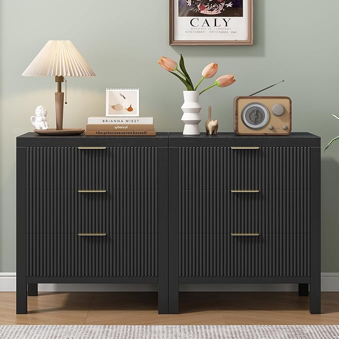 Nightstand with 3 Drawers, Dresser and Nightstand Sets, Bedside Tables, Mid Century Nightstands with 3 Wide Drawers for Bedroom, Kids’ Room, Hallway - Black