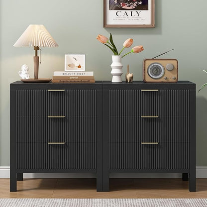 Nightstand Set of 2, Dresser and Nightstand Sets, Bedside Tables, Mid Century Nightstands with 6 Wide Drawers for Bedroom, Kids’ Room, Hallway, (Black X 2)