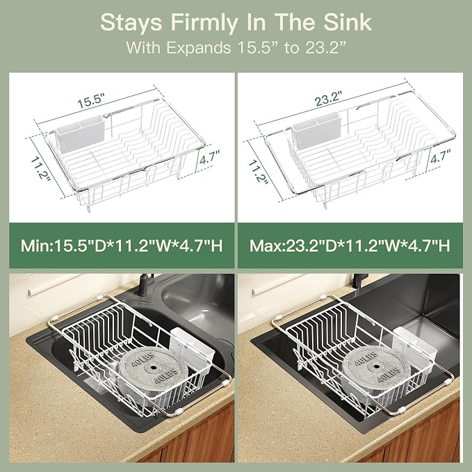 MAJALiS White Dish Drying Rack Over The Sink with Utensil Holder | Expandable Stainless Steel Dish Drainer for Small Kitchen, Apartment, RV, Counter Space Saving, Perfect Fit, Rustproof