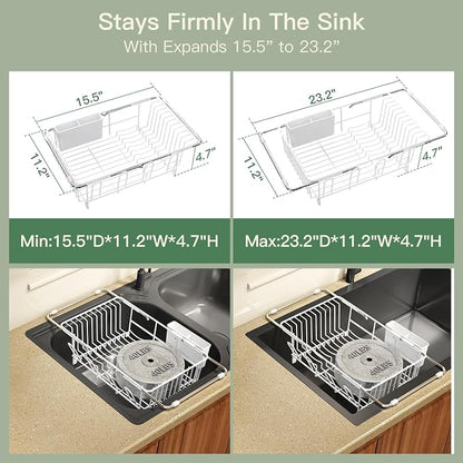 MAJALiS White Dish Drying Rack Over The Sink with Utensil Holder | Expandable Stainless Steel Dish Drainer for Small Kitchen, Apartment, RV, Counter Space Saving, Perfect Fit, Rustproof