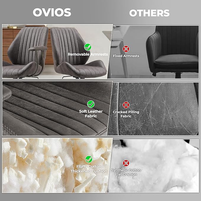 ovios Home Office Chair, Mid-Century Modern Faux Suede Leather Ergonomic Chairs, Mid Back Comfy Computer Swivel Rolling Task Executive Armchair, Grey