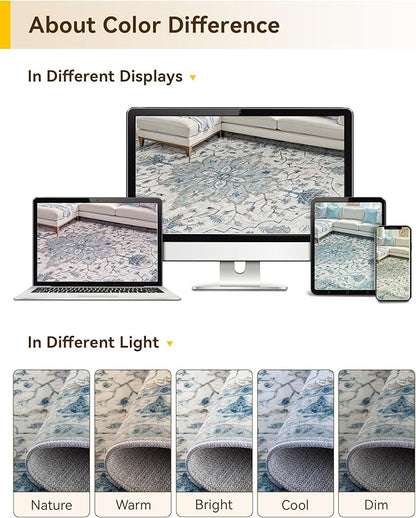 RELEANY Area Rugs Large 10'x14' Washable Non-Slip, Floral Vintage Distress Medallion Carpet for Living Room Bedroom Dining Room, Light Blue Navy Gray White
