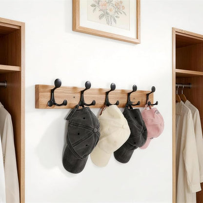 SKOLOO 24-Inch Wood Coat Rack Wall Mount with 5 Triple Hooks - Ideal for Family Entrances, Classrooms, and Pet Supplies Storage - Perfect Coat Hooks for Wall, Black on Natural