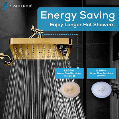 SparkPod Rain Shower Head, 8 Inch Square | High Pressure Shower Heads, 90 Nozzle (Touch-to-Clean), Adjustable Showerhead, No-tool Universal Connection