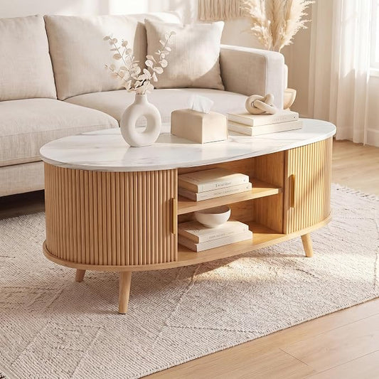 Seang Fluted Coffee Table with Storage,39" Oval Coffee Table with Dual Sliding Doors,Wooden Center Table for Living Room Home Office,Natural