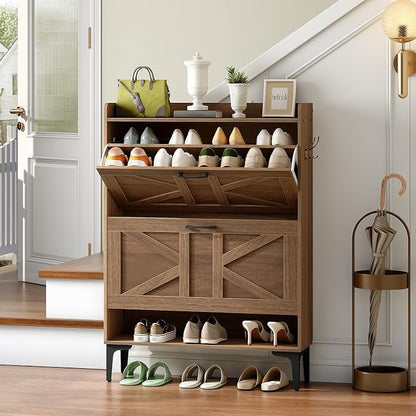 MAHANCRIS Shoe Storage Cabinet, Shoe Organizer with 2 Flip Drawers, Hidden Shoe Storage for Entryway, Freestanding Shoe Cabinet Organizer with Open Storages, Walnut SHWA9401