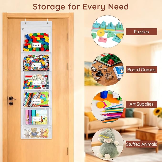 ANROYE Board Game Storage Organizer, Over-Door Hanging Bags with 5 Removable Zippered Pockets, Card Slots for Craft & Art Supplies, Puzzles, Magazines, Scrapbook, Office Projects, Hobbies