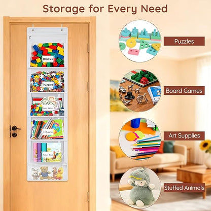 ANROYE Board Game Storage Organizer, Over-Door Hanging Bags with 5 Removable Zippered Pockets, Card Slots for Craft & Art Supplies, Puzzles, Magazines, Scrapbook, Office Projects, Hobbies