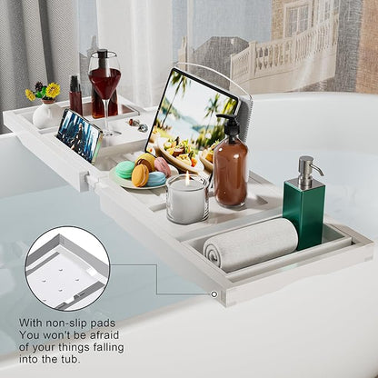 Bathtub Caddy Tray for Tub,Foldable Bath Table Trays,Bamboo Shelf with Book and Wine Glass Holder,Bathroom Accessories Suitable for Luxury Spa or Reading,White