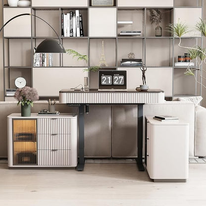 Lartis Office Desk, Electric Standing Desk with Built-in Outlets, Tempered Glass Top Modern Office Computer Desk with 2 Side cabinets (Ivory White, 50)