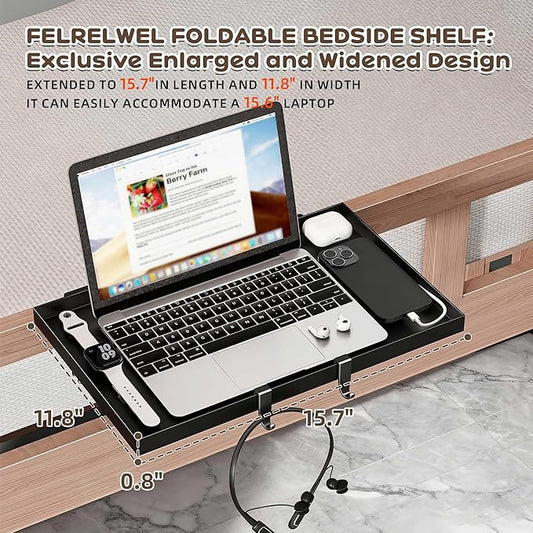 Foldable Bedside Shelf, Extra Large Floating Tray Table for Dorm Room & Bunk Bed, Side Table with 3 Cord Holes,College Dorm Room Essentials for Max 15.6" Laptops (15.7" x 11.8", Black)