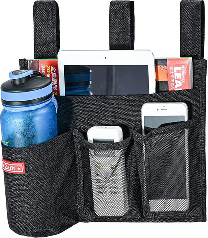 Zafit Linen Bedside Caddy, Bedside Storage Organizer for Hospital Beds, College Dorm Rooms or Baby Bed (4 Pockets-Black)