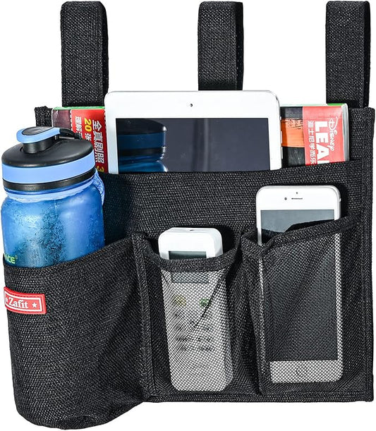 Zafit Linen Bedside Caddy, Bedside Storage Organizer for Hospital Beds, College Dorm Rooms or Baby Bed (4 Pockets-Black)