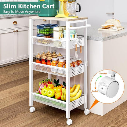 Vivihomety Utility Slim Storage Cart with Wheels, 4 Tier Small Rolling Cart with Wood Top, Metal Kitchen Bathroom Laundry Room Organization Trolley with Handle for Narrow Space - White