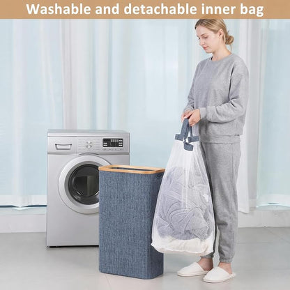 iEGrow 65L Slim Laundry Hamper, Narrow Laundry Basket with Lid,Foldable Clothes Hamper with Bamboo Handles,Hamper Basket with Removable Inner Bag for Laundry Room Bedroom College Dorm,17.17 Gals Blue