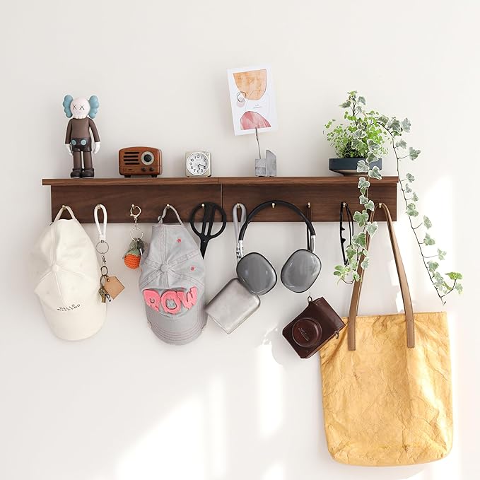 5-Hook Wall Mounted Coat Rack with Storage Shelf - Multi-Functional Key & Jacket Hanger for Entryway, Walnut Finish, Style D-1