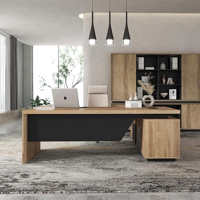 SAINTCY L-Shaped Executive Desk, Retractable Office Desk with Drawers, Large Wood Computer Desks for Boss, Bussiness Owners, Manangers and Supervisors, Adjustable Width (Left Return, 86.6" to 94.5")