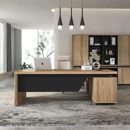 SAINTCY L-Shaped Executive Desk, Retractable Office Desk with Drawers, Large Wood Computer Desks for Boss, Bussiness Owners, Manangers and Supervisors, Adjustable Width (Left Return, 86.6" to 94.5")