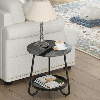 2 Tier Coffee Table in Living Room, Industrial Style Round Coffee Table with Metal Tray, Wood Small Outdoor Coffee Table for Bedroom Balcony Patio, Gray