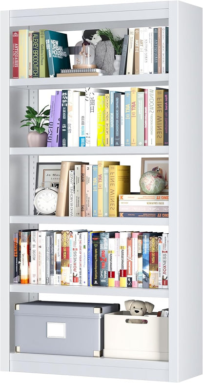 5-Tier Metal Bookshelf, 69" Tall White Bookcase with Adjustable Shelves, Heavy Duty Deep Book Shelves, Display Storage Shelving for Living Room, Home Office, Library, Bedroom