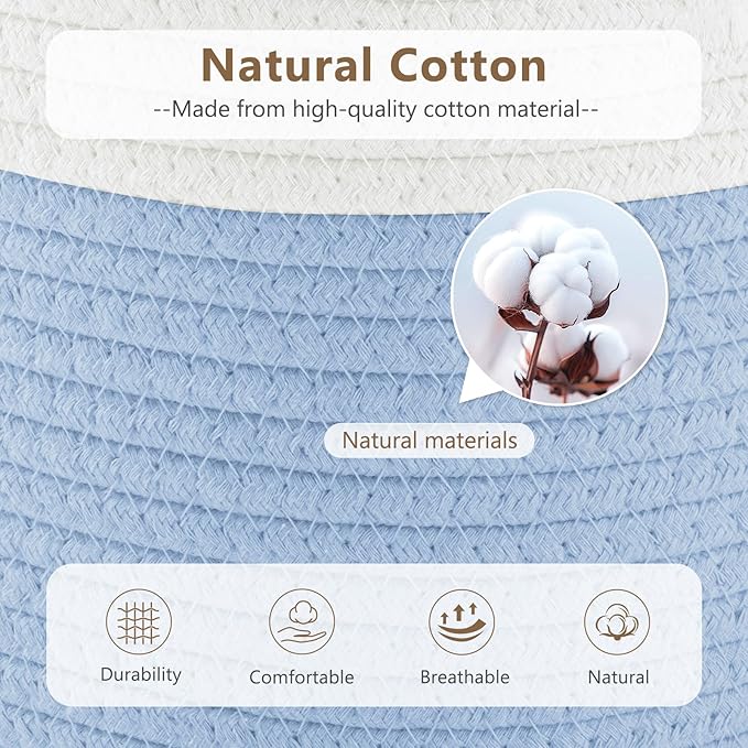 Cotton Rope Storage Basket, 15x10x9 Inches, Woven Basket for Shelves, Clothes, Towels, Books, and Laundry, White Blue (1 Pack)