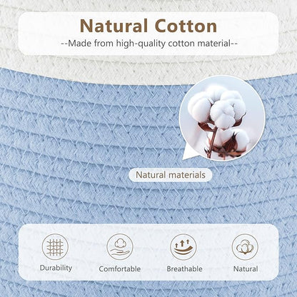 Cotton Rope Storage Basket, 15x10x9 Inches, Woven Basket for Shelves, Clothes, Towels, Books, and Laundry, White Blue (2 Pack)
