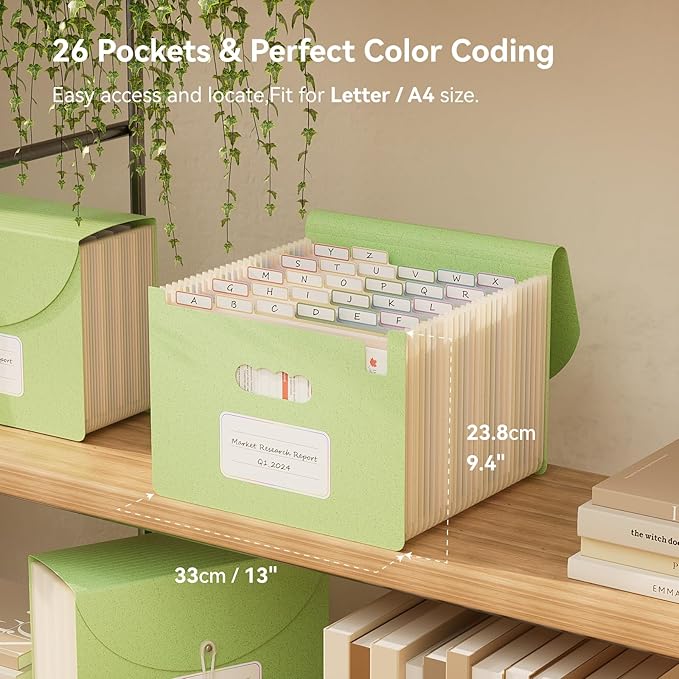 Accordion File Organizer, 26 Pockets Wheat Straw Expanding File Folder, Monthly Bill Receipt Organizer, A-Z Tabs, 100% BPA Free, Return to Nature, Healthy Living, Letter/A4 Size - Mint Green