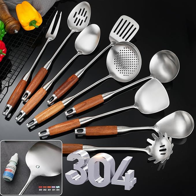 Stainless Steel Kitchen Utensils Set with Wooden Handle for Cooking 9 PCS with Solid and Slotted Spoon, Fork, Spatula, Ladle, Skimmer, Slotted Tunner, Spaghetti and Large Spoon