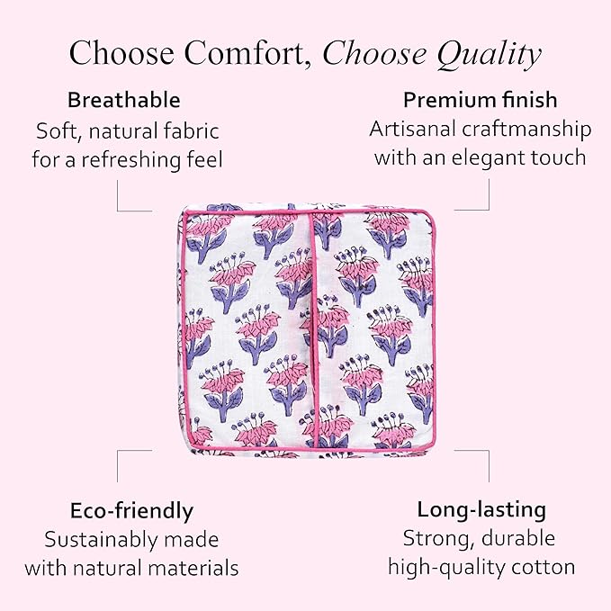 CPC Pink Sapphire Hand Block Printed Cotton Tissue Box Cover 5" x 5" x 5.5" Square Soft Reusable Boho Napkin Holder for Home Kitchen Dining Bathroom Office Cafe Spa Summer Thanksgiving