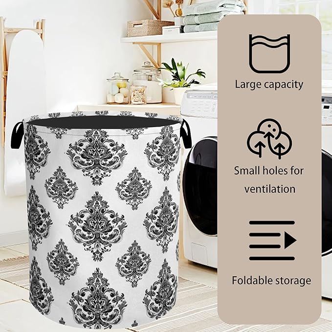 Black White Damask Flower Foldable Laundry Hamper - Waterproof Fabric Storage Basket with Handles, Clothes Hampers for Laundry,Bedroom,Dorm