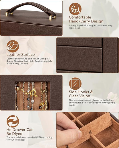 AKOZLIN 360° Rotating Jewelry Box 6-Tier Organizer Functional 360° Rotating Jewelry Storage Case for Women Girls Ring Necklace Earring Bracelet Holder with Mirror Brown