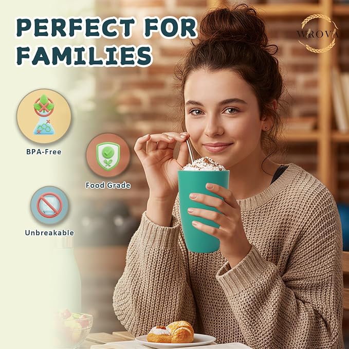 Wrova Wheat Straw Cups Reusable Kitchen Cups Set of 8, Unbreakable 20oz Drinking Cups Alternative to Large Plastic Cups, Dishwasher Safe Big Tumblers & Water Glasses- Vibrant