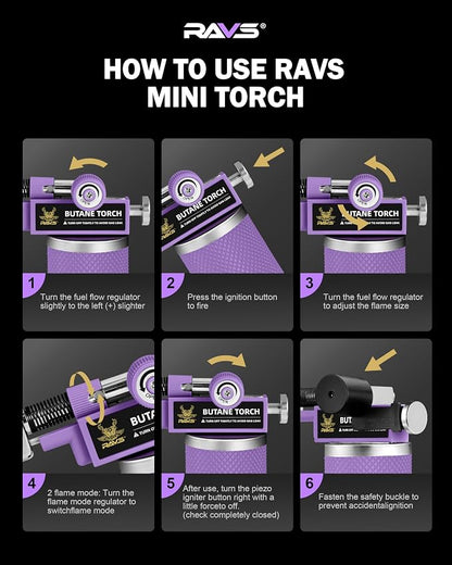 RAVS 2 Flame Mode Butane Torch Lighter, Refillable Kitchen Torch with Adjustable Flame & Safety Buckle, Metal Body Cooking Torch for Baking, BBQ, Purple Soldering Torch Butane Gas Not Included