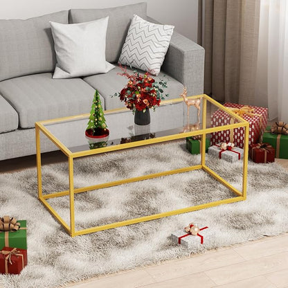 Coffee Table,Tempered Glass Coffee Table,Minimalist Center Table for Living Room,Office,Modern Glass Top Coffee Table with Sturdy Metal Frame & Open Storage, Easy Assembly,Gold