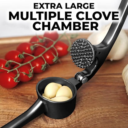 Zulay Kitchen Large Premium Garlic Press Set - Bigger Bowl for Bigger Garlic - Rust Proof Garlic Mincer Tool - Easy-Squeeze, Easy-Clean Silicone Garlic Peeler & Brush (Black)